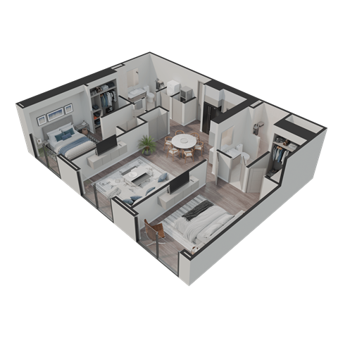 A 3D rendered image of a modern apartment layout.